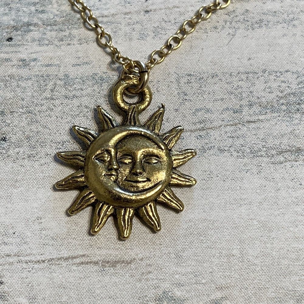 Sun‎ Moon Necklace 1/20 14k GF spring Ring Clasp Chain Pendant 16" estate find